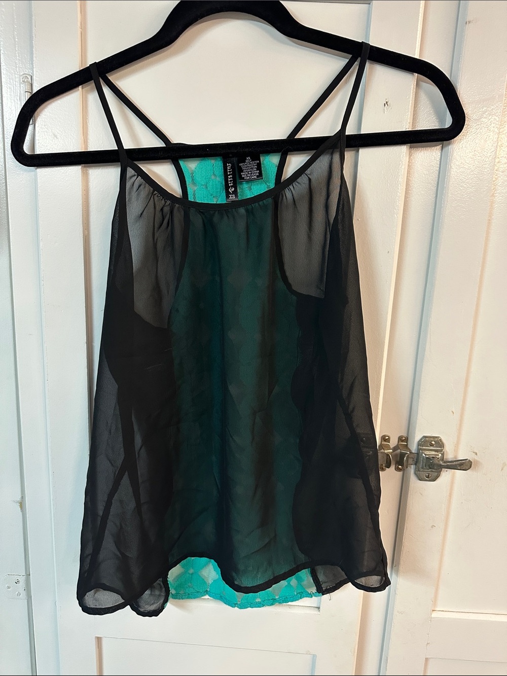 Full Tilt Black Sheer Overlay Cami with Teal Lace Underlay